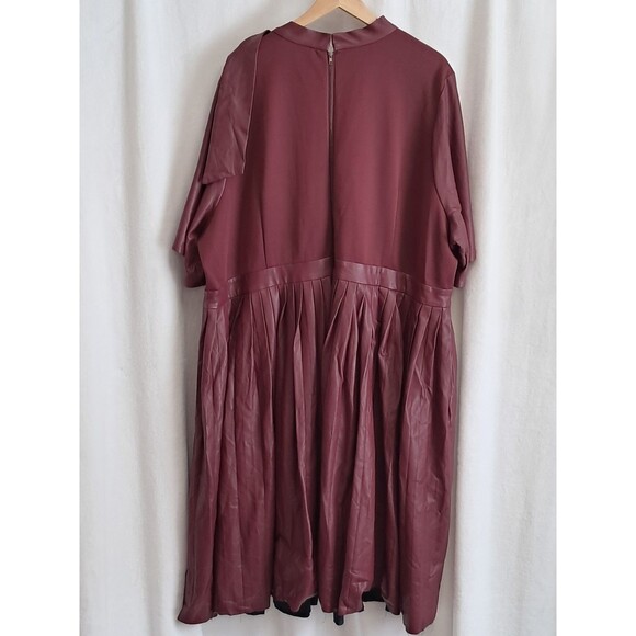 Eloquii Faux Leather Pleated Skirt Tie Neck Midi Dress Burgundy PLS READ Size 28 - Picture 5 of 12